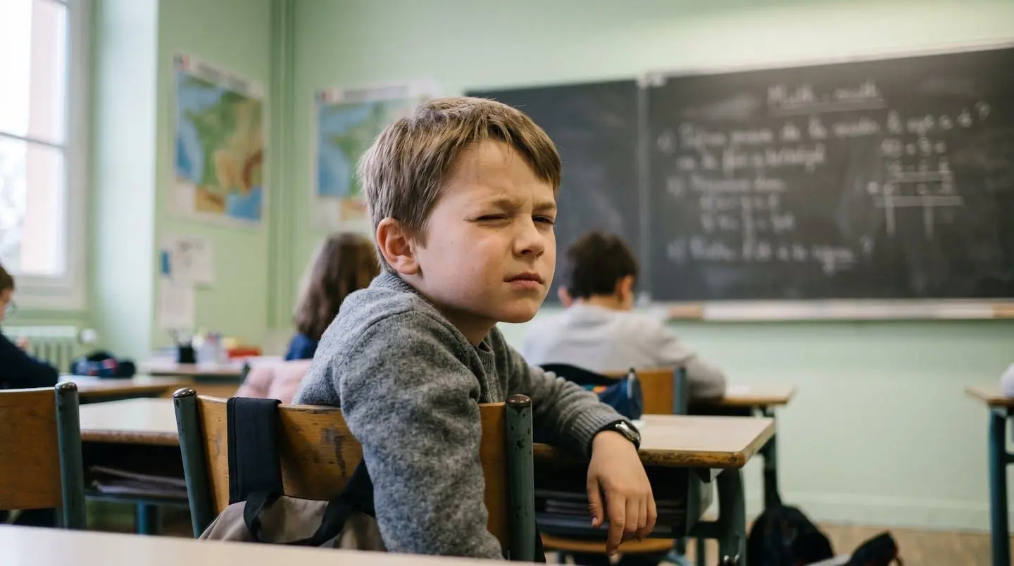 Enfant en classe plissant les yeux pour voir le tableau au fond de la salle, illustrant un symptôme précoce de myopie