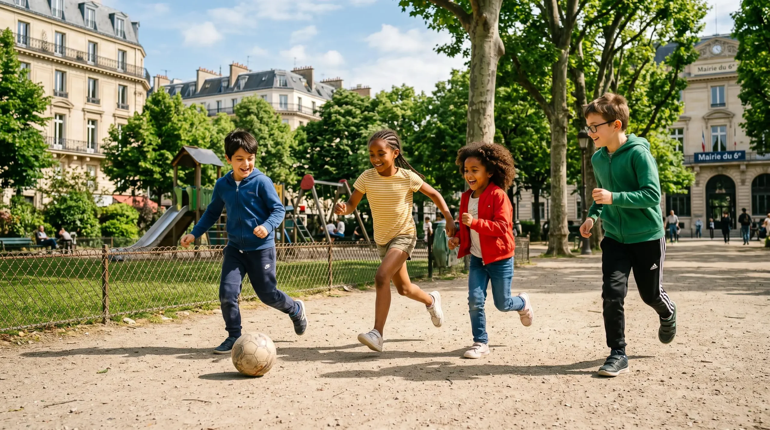 Groupe d'enfants jouant au ballon dans un parc français sous lumière naturelle ensoleillée