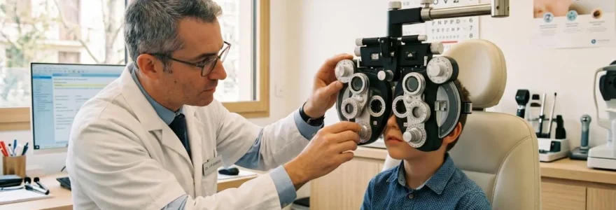 Ophtalmologue français examinant la vue d'un enfant avec un réfracteur dans un cabinet médical moderne et lumineux