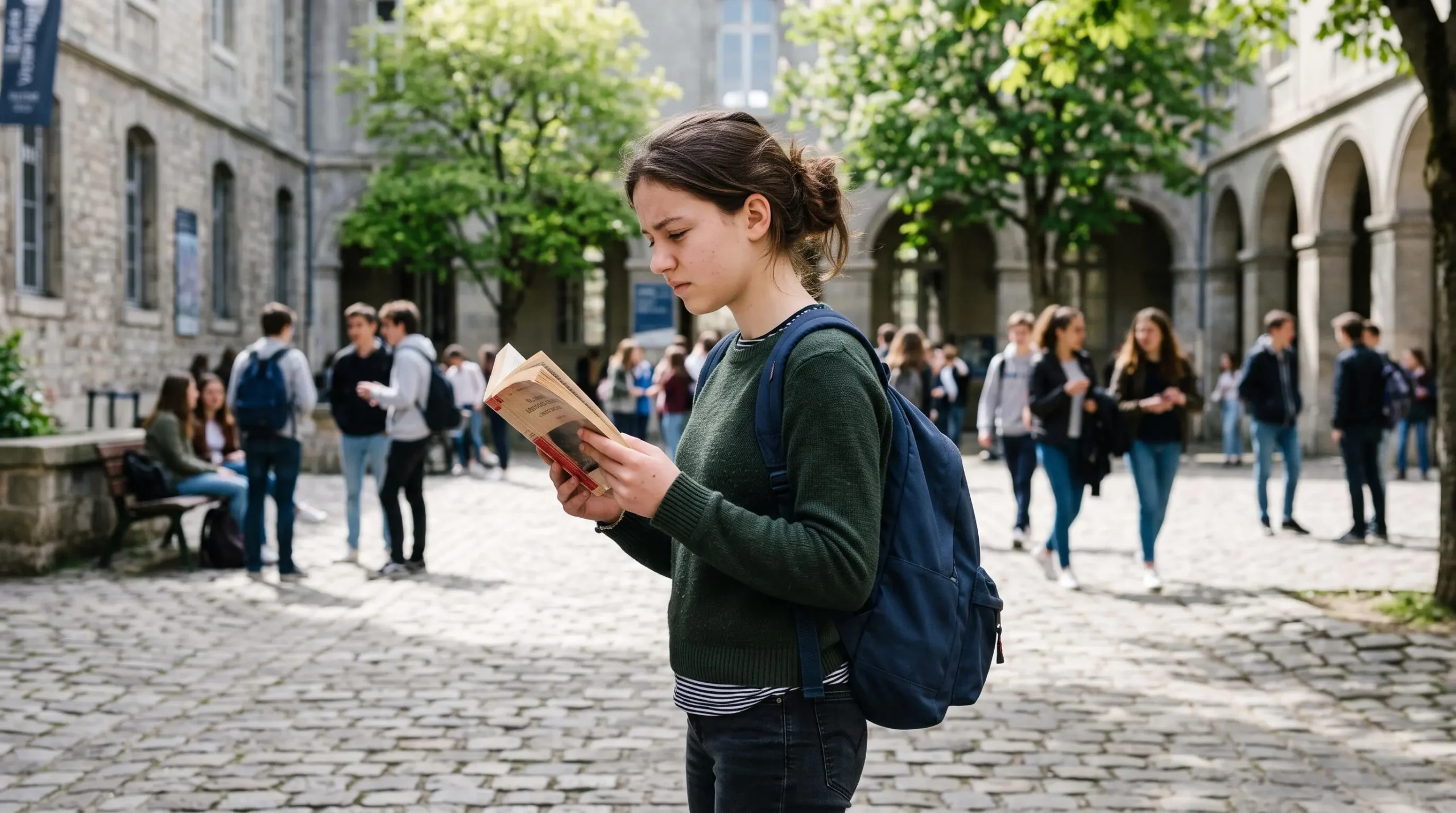 Une adolescente plisse les yeux pour lire un livre dans la cour d'un collège.