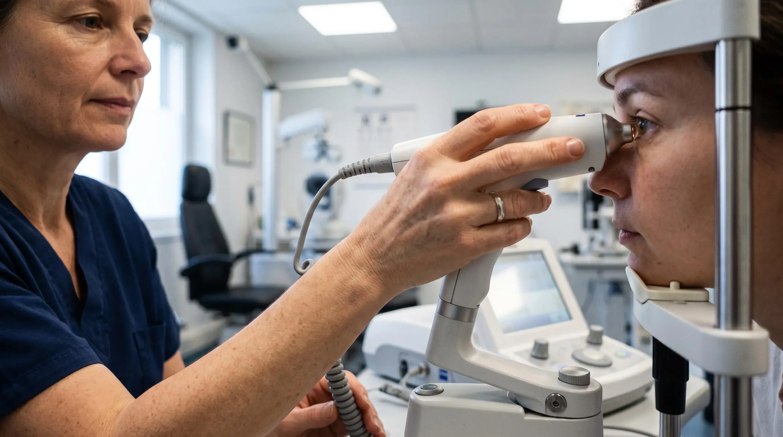Gros plan sur les mains d'un praticien réalisant une mesure oculaire avec un biomètre dans un cabinet d'ophtalmologie.