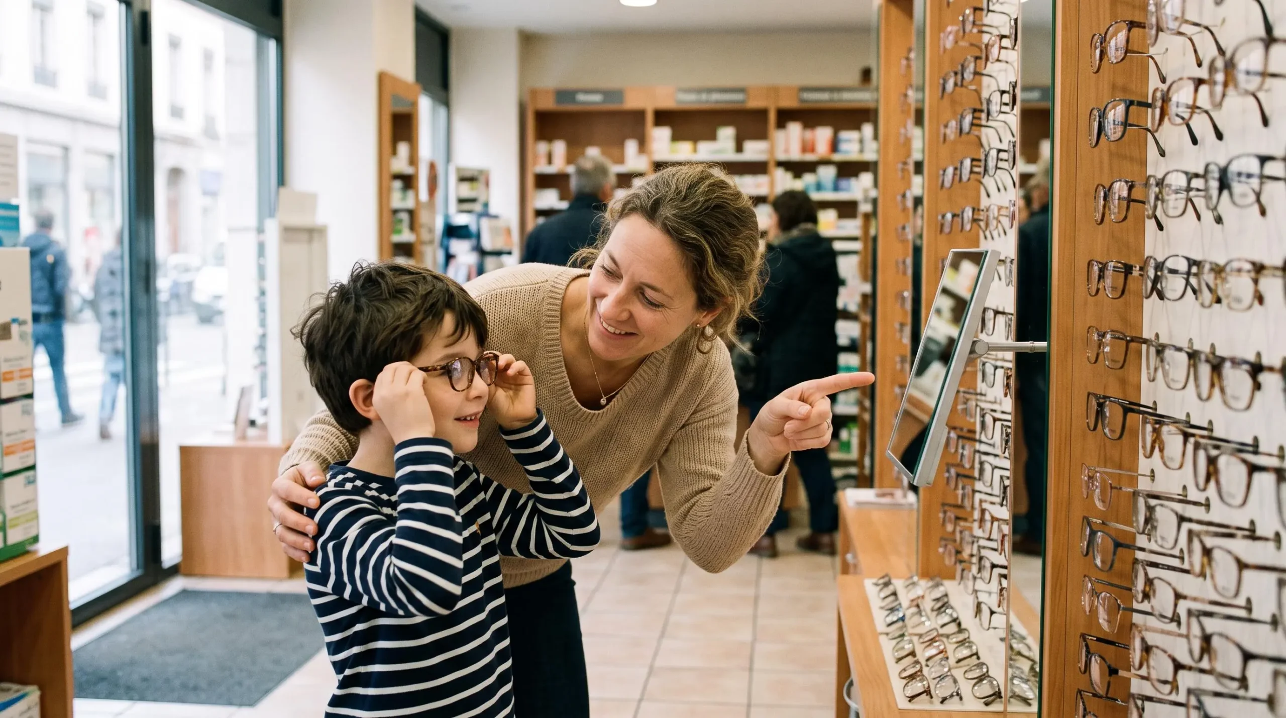 Une mère aide son enfant à essayer des lunettes dans le rayon optique d'une pharmacie.
