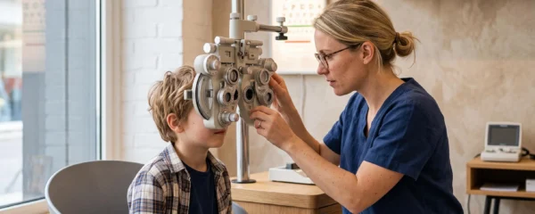 Un optométriste ajuste un phoroptère devant un enfant assis à un poste d'examen de la vue dans un cabinet d'optique.