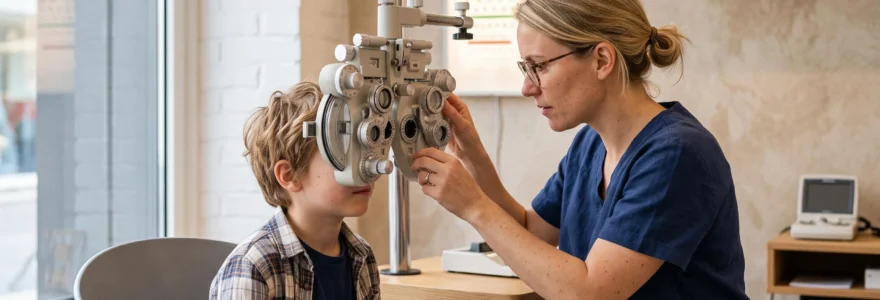 Un optométriste ajuste un phoroptère devant un enfant assis à un poste d'examen de la vue dans un cabinet d'optique.